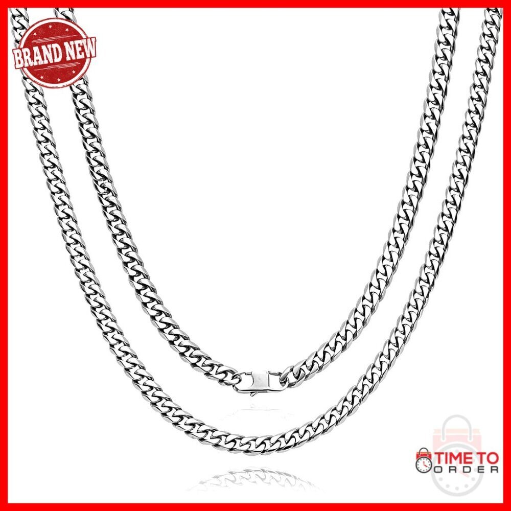 7mm Solid Titanium Cuban Link Chain Necklace, 25.6", Diamond Cut